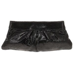 Lauren Merkin Black Shiny Faux Snakeskin Embossed Eve Leather Evening Clutch Bag
